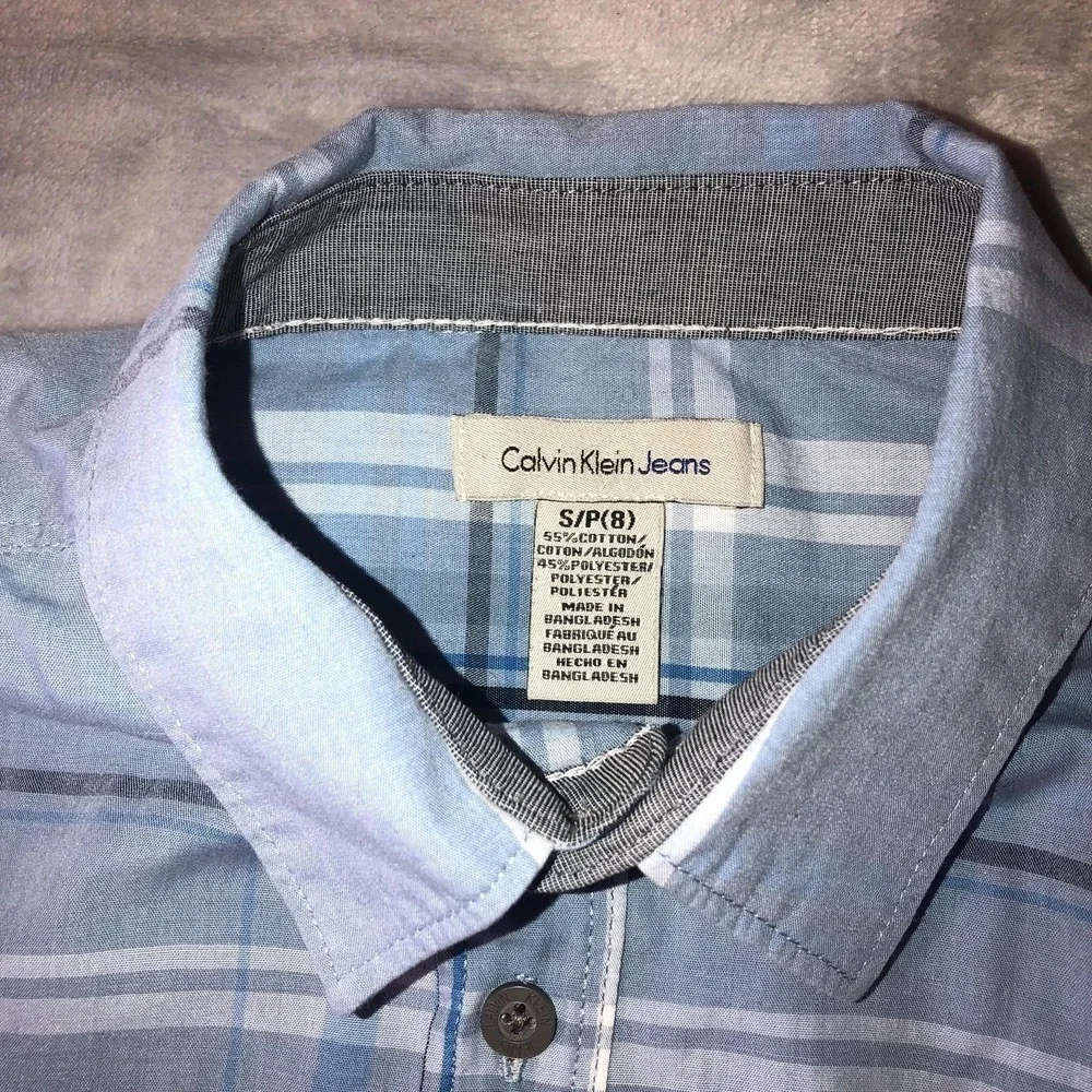 Calvin Klein Jeans Shirt‎ Boys Size 8 Blue Plaid Button Up Long Sleeve CK Logo